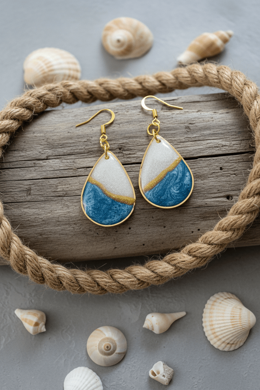 Blue & White Resin Teardrop Earrings – Gold-Plated Handmade Jewelry - The Glossy Gift Shop