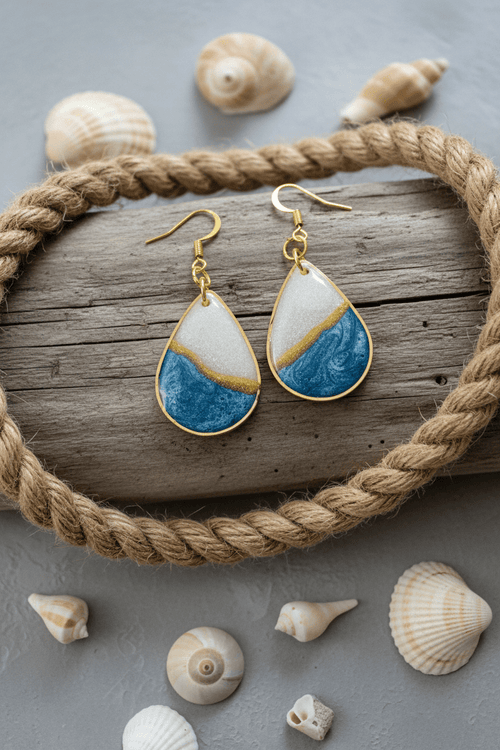 Blue & White Resin Teardrop Earrings – Gold-Plated Handmade Jewelry - The Glossy Gift Shop