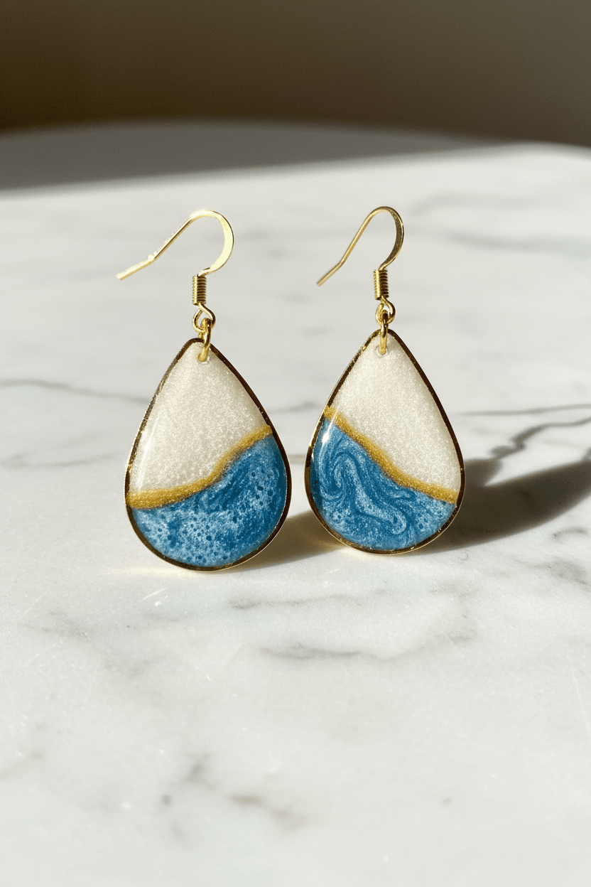 Blue & White Resin Teardrop Earrings – Gold-Plated Handmade Jewelry - The Glossy Gift Shop