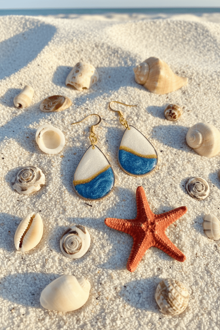 Blue & White Resin Teardrop Earrings – Gold-Plated Handmade Jewelry - The Glossy Gift Shop