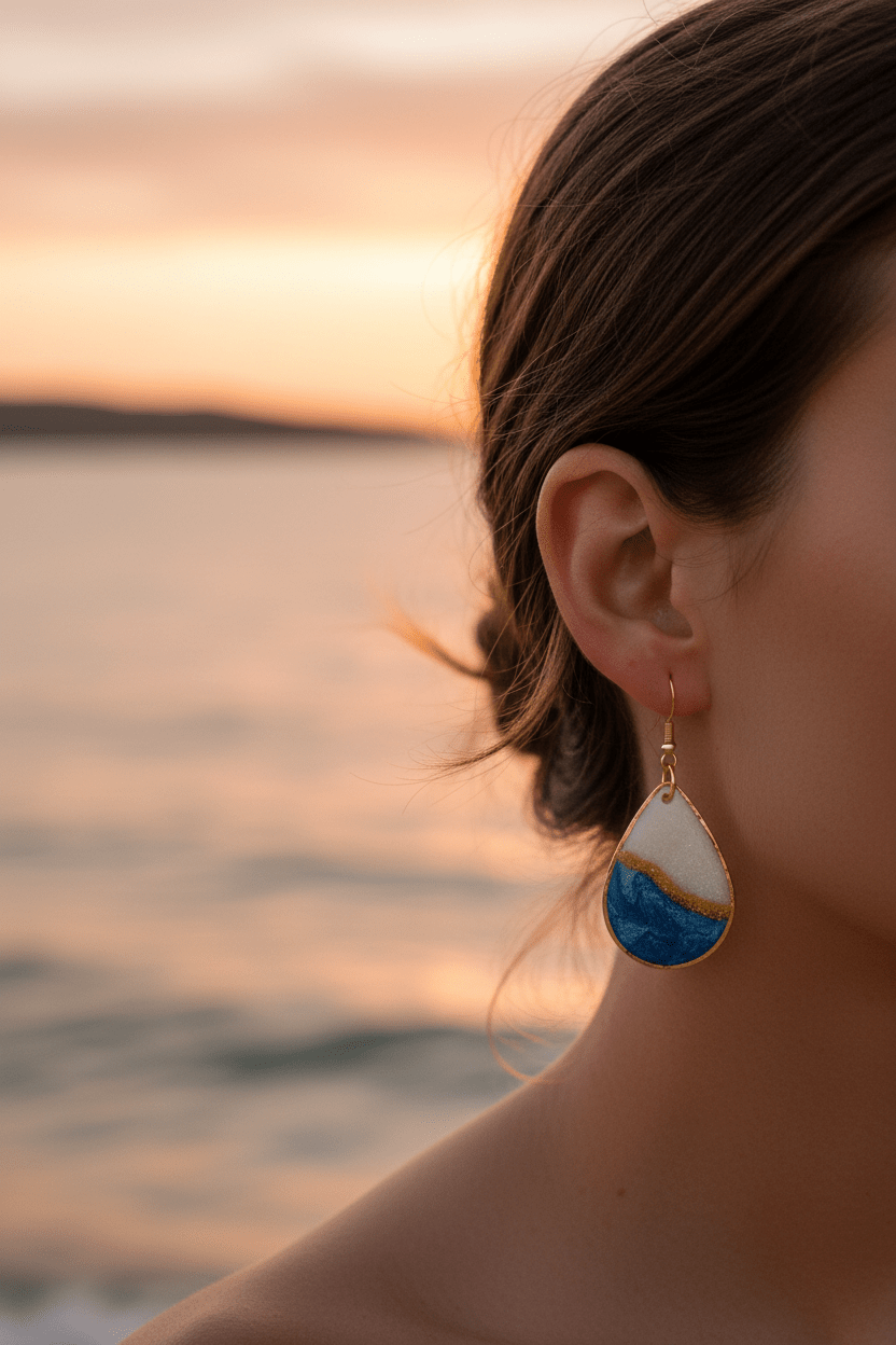 Blue & White Resin Teardrop Earrings – Gold-Plated Handmade Jewelry - The Glossy Gift Shop