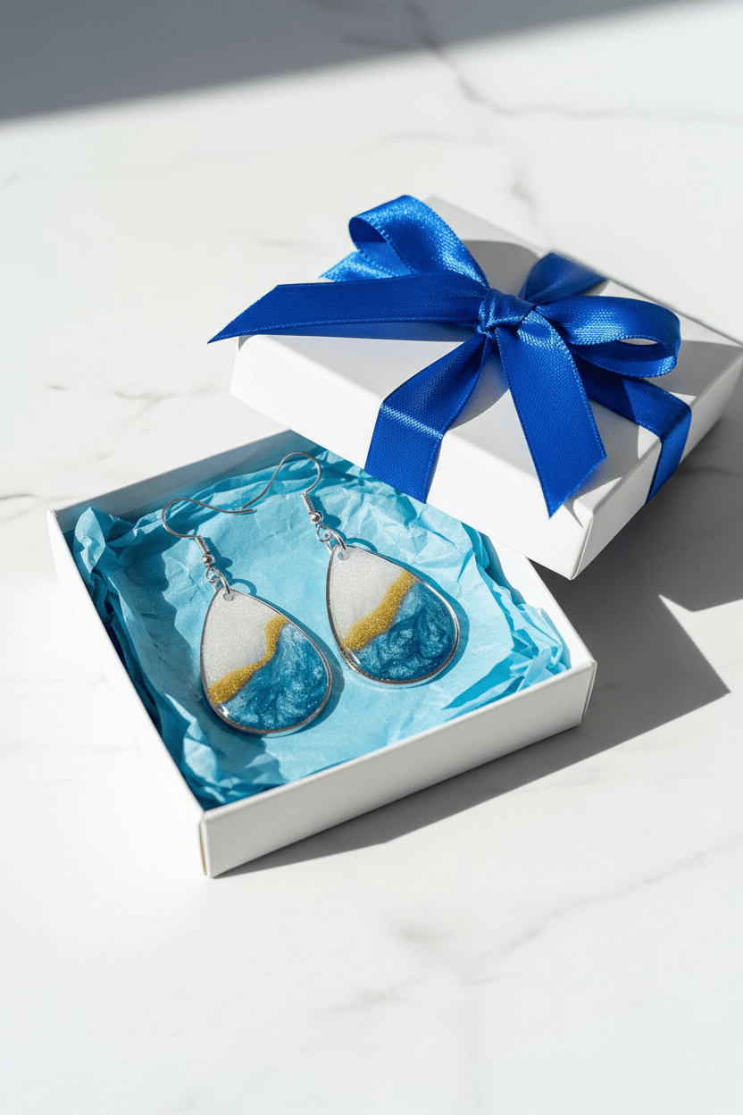 Blue & White Resin Teardrop Earrings – Handmade Jewelry - The Glossy Gift Shop