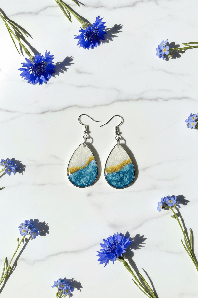 Blue & White Resin Teardrop Earrings – Handmade Jewelry - The Glossy Gift Shop