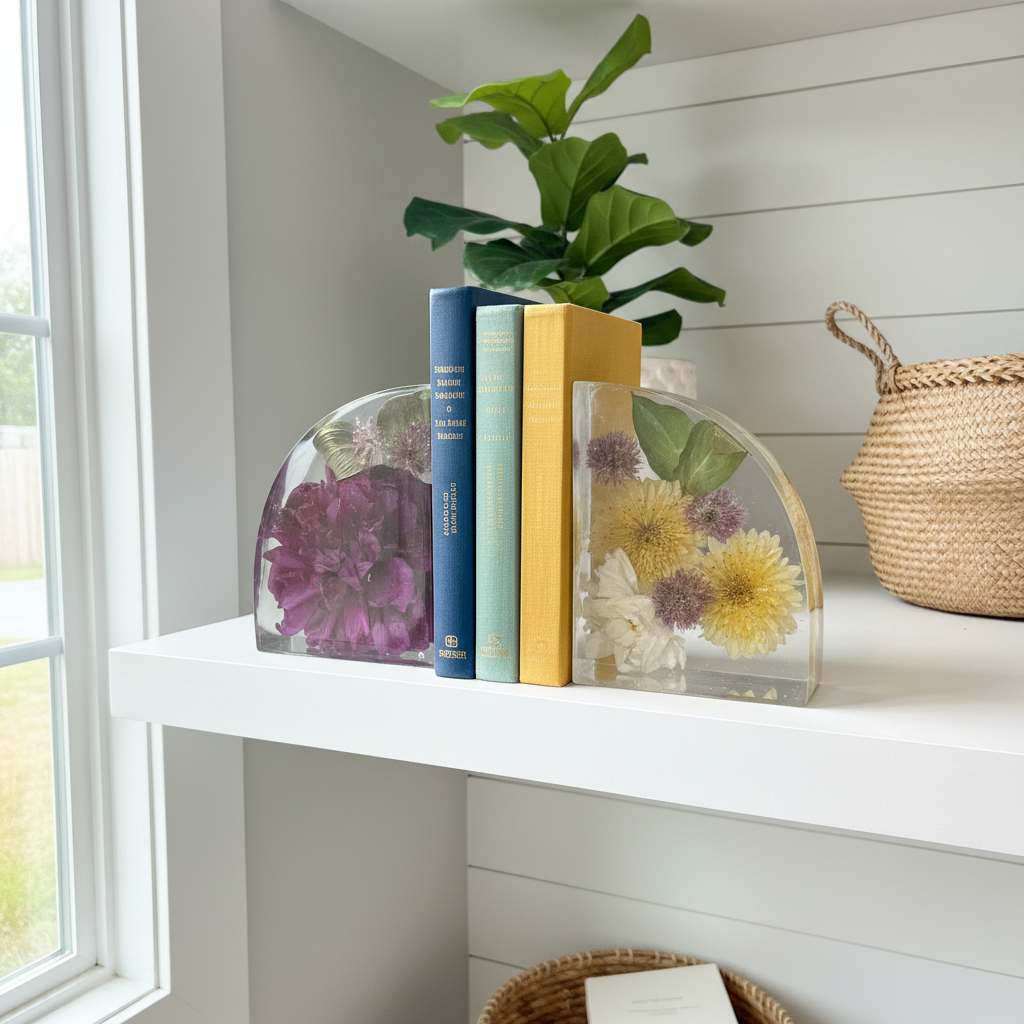 Bookends on floating shelf with books
