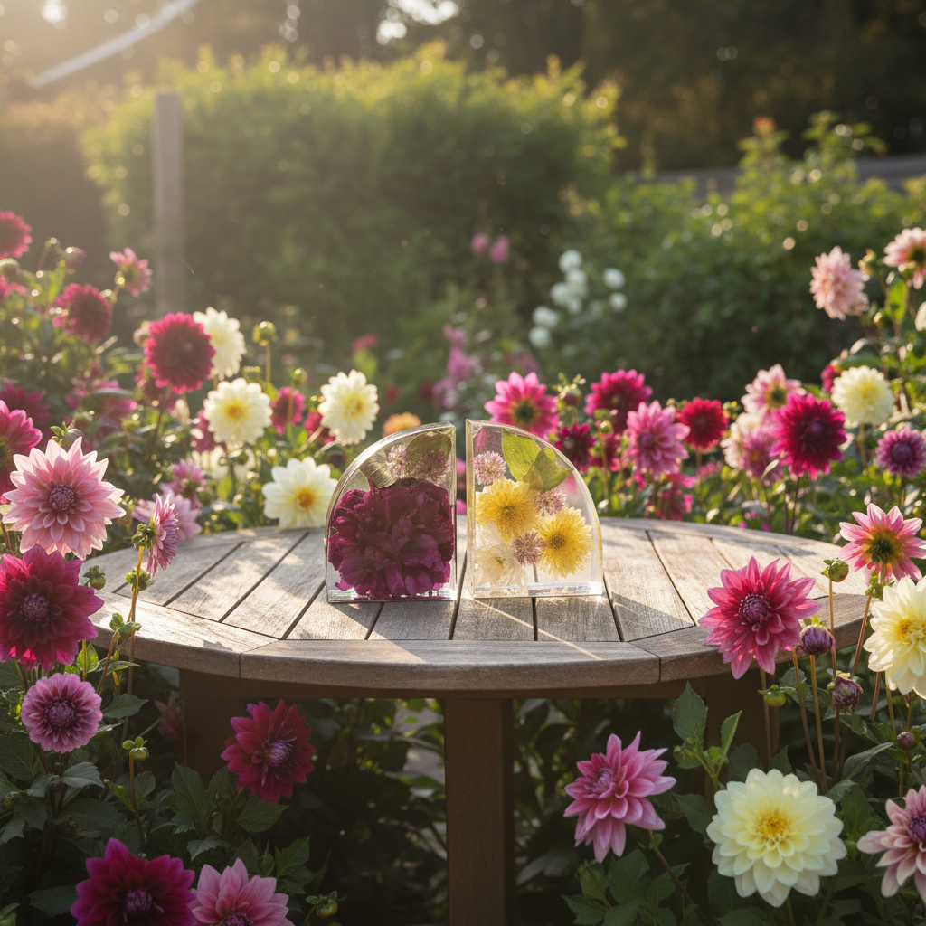 Bookends on garden table with dahlias