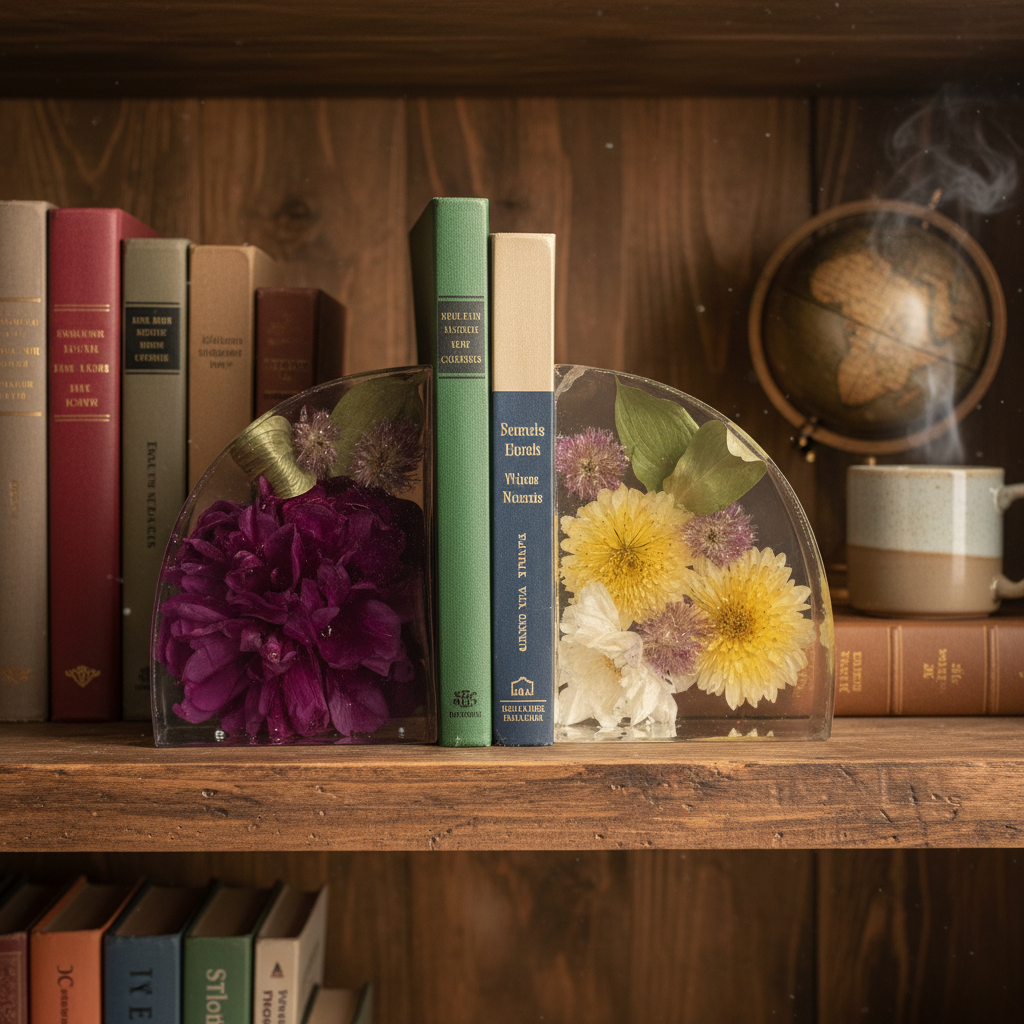 Bookends on library shelf with books