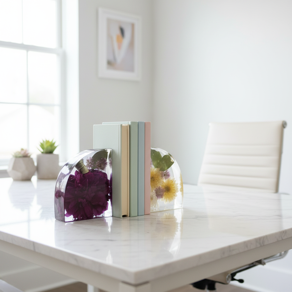 Bookends on marble desk with books