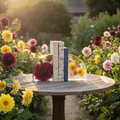 Bookends with books on garden table