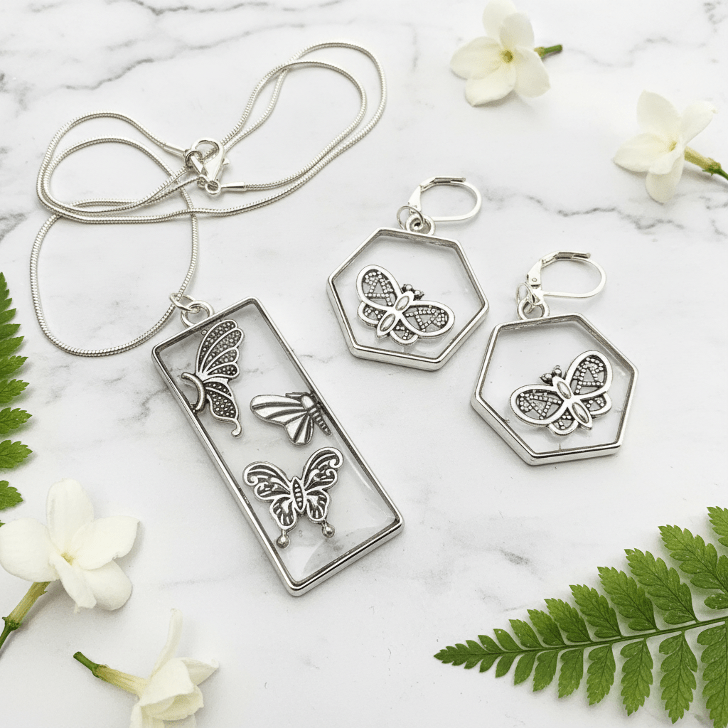 Butterfly Resin Jewelry Set – Necklace & Matching Earrings - The Glossy Gift Shop
