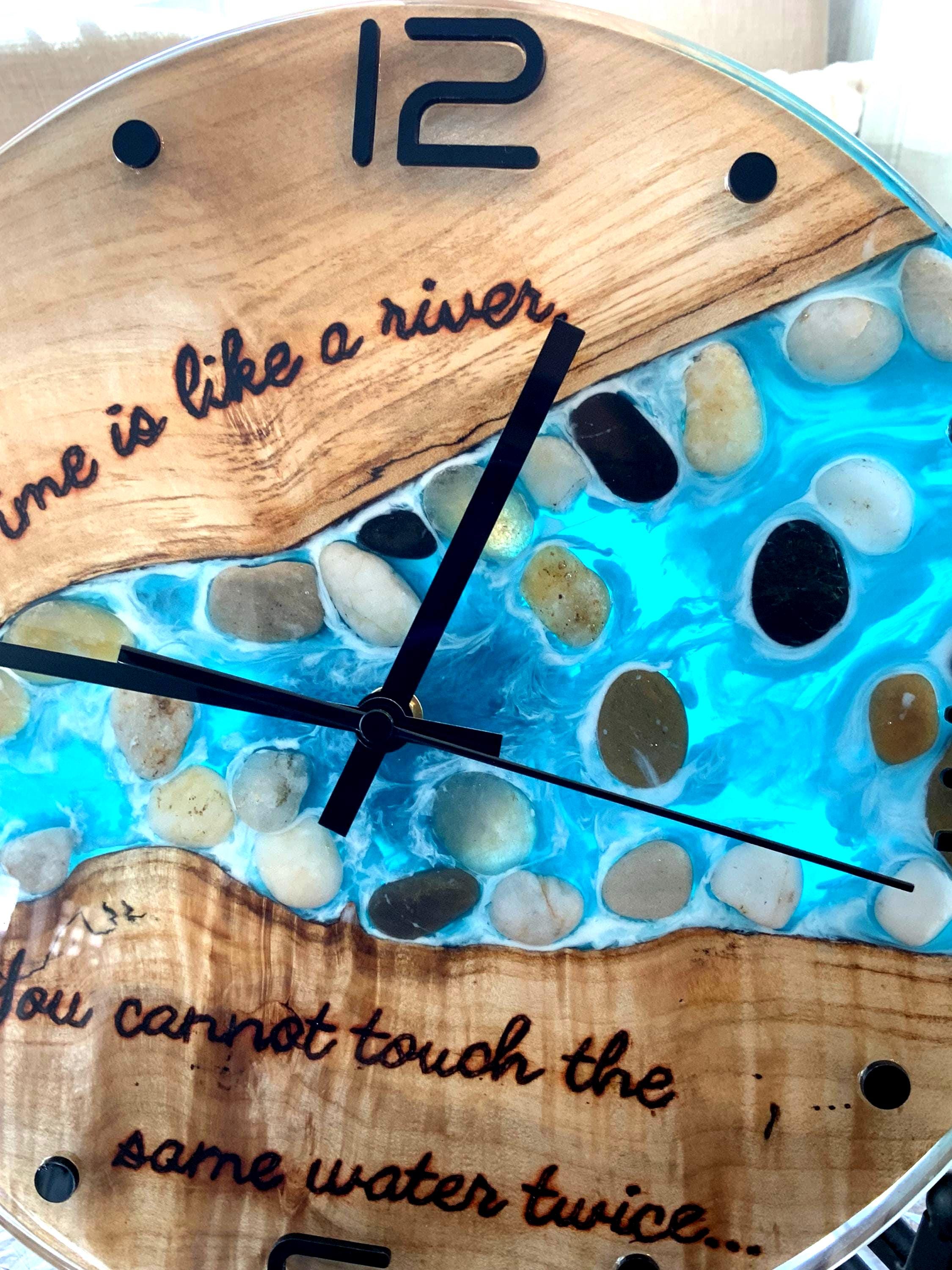 Black Walnut River Clock: Epoxy Resin Wood Art, Hand Burned