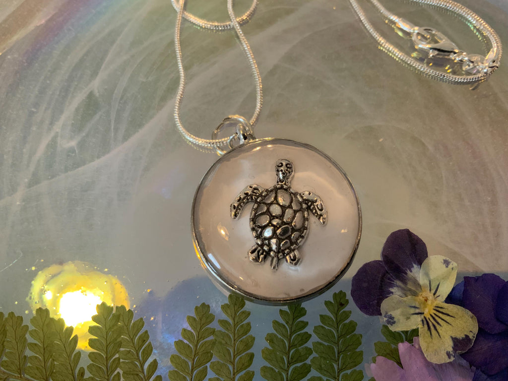 White Turtle Pendant with Silver Snake Chain