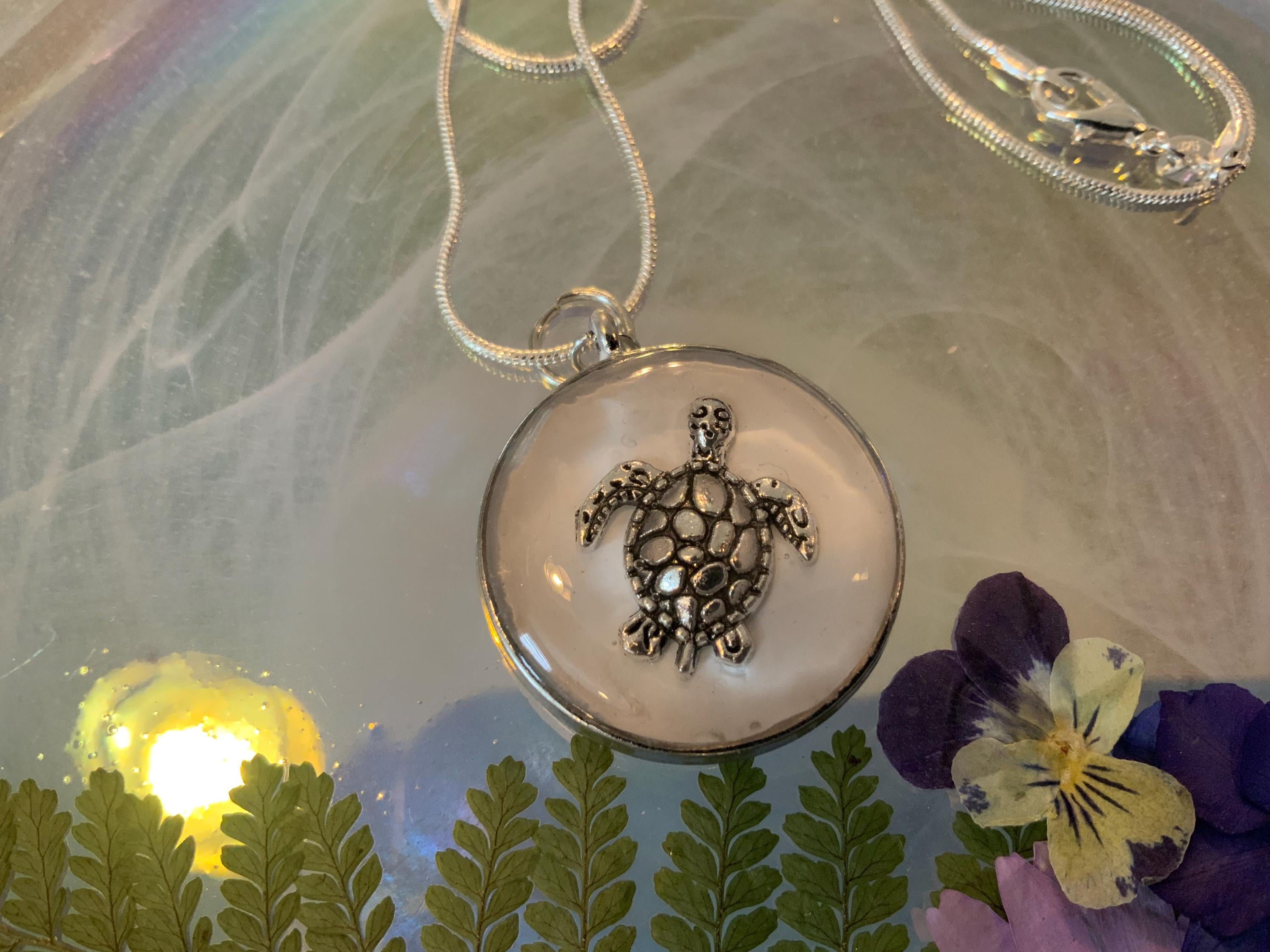 White Turtle Pendant with Silver Snake Chain