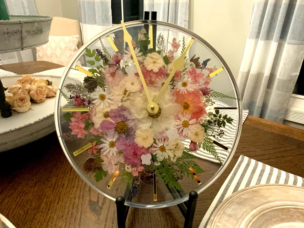 Pressed Flower Wall Clock – Real Flowers Gold Accents 12 Inch Resin