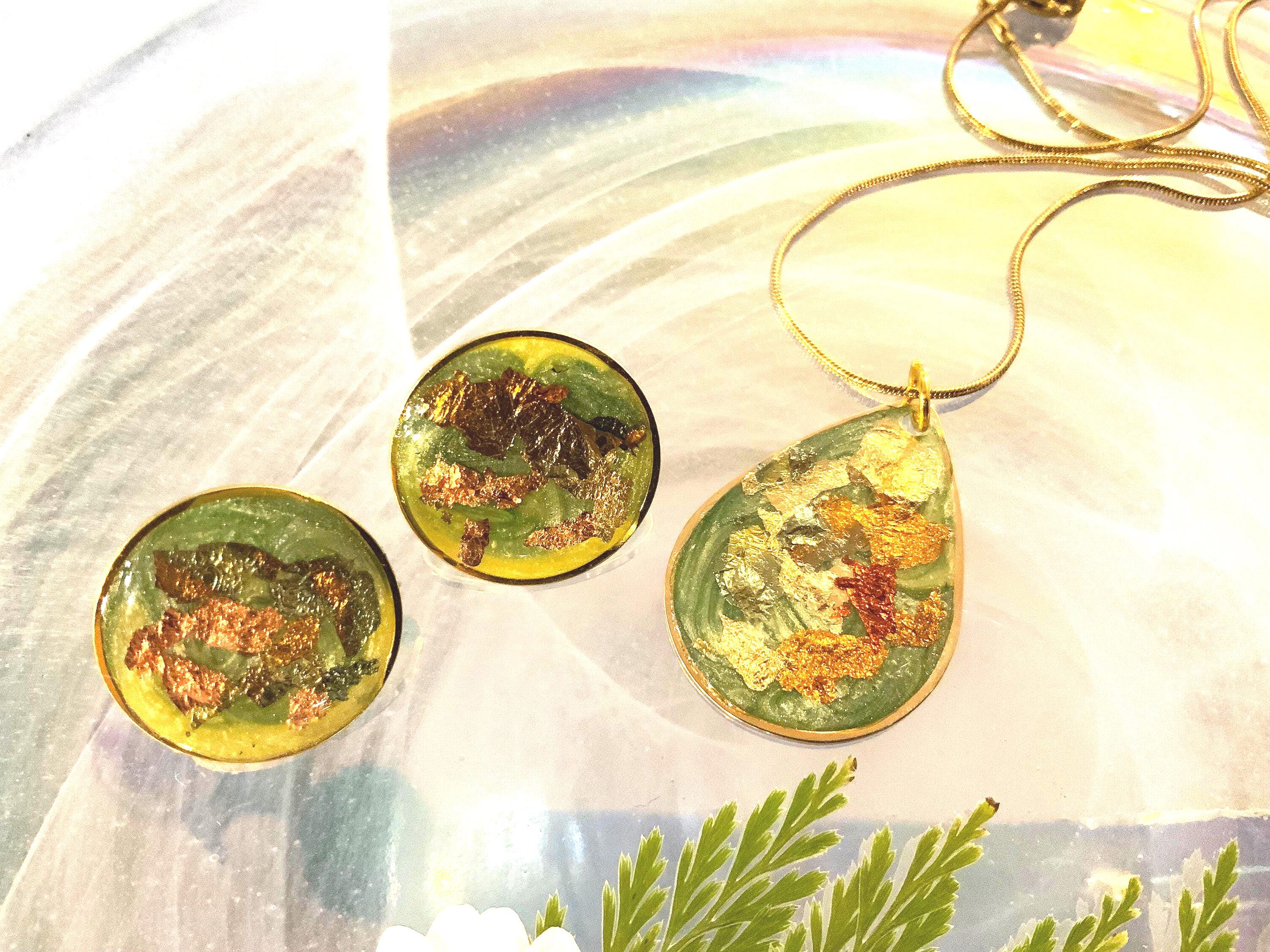Olive Green Teardrop Pendant and Earrings Set
