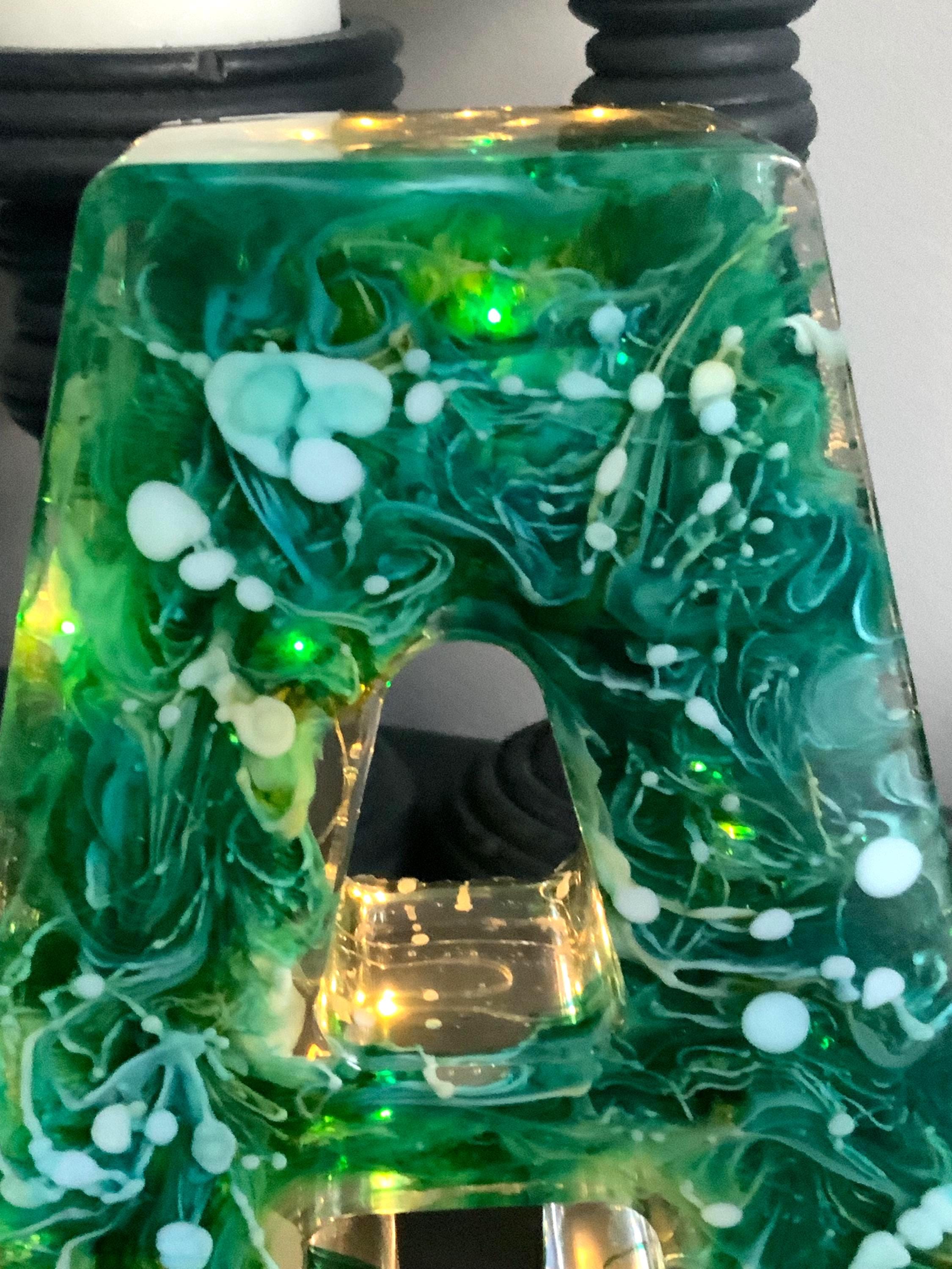 Handmade Resin Lighted Letter – Green Swirl Night Light Decor