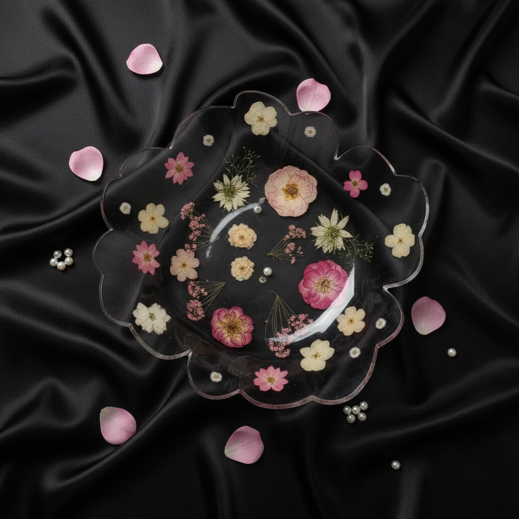 Clear resin bowl on black silk