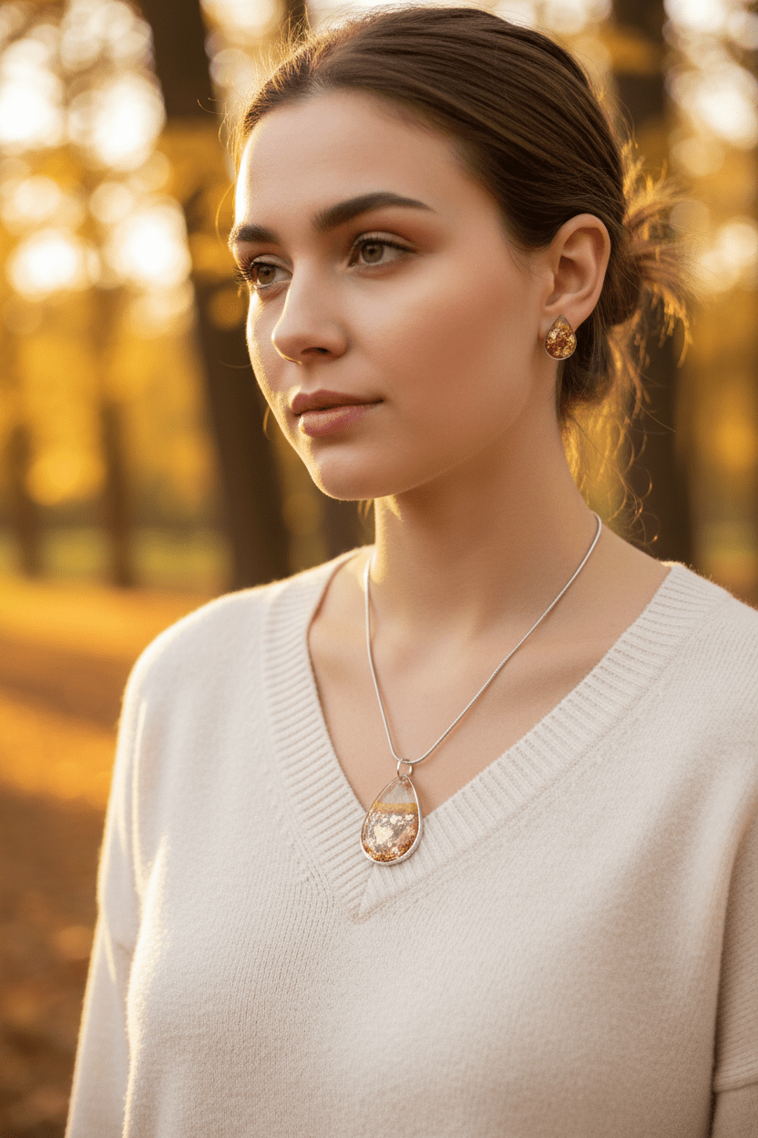 Copper & Gold Resin Jewelry Set – Teardrop Necklace & Earrings - The Glossy Gift Shop