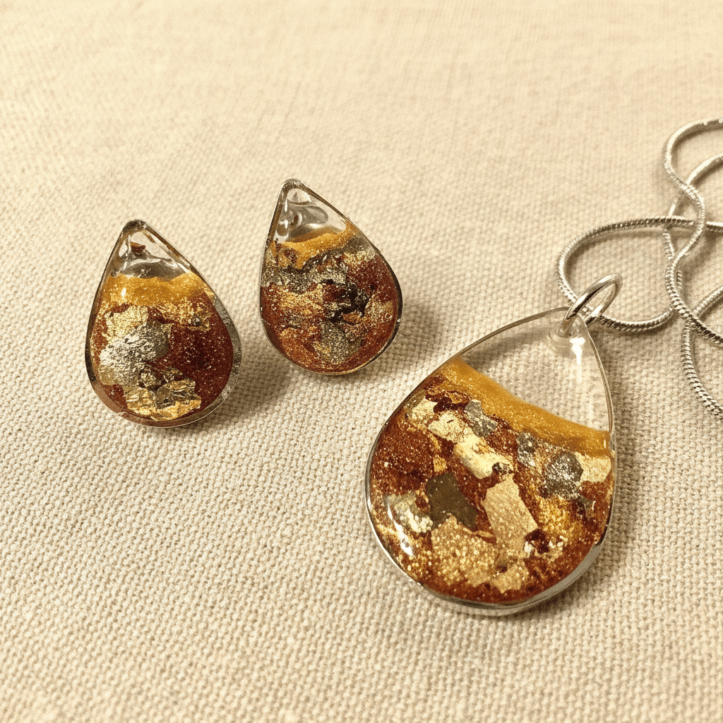 Copper & Gold Resin Jewelry Set – Teardrop Necklace & Earrings - The Glossy Gift Shop