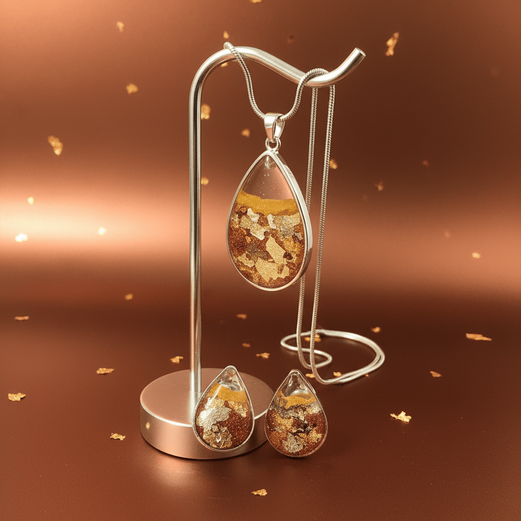 Copper & Gold Resin Jewelry Set – Teardrop Necklace & Earrings - The Glossy Gift Shop