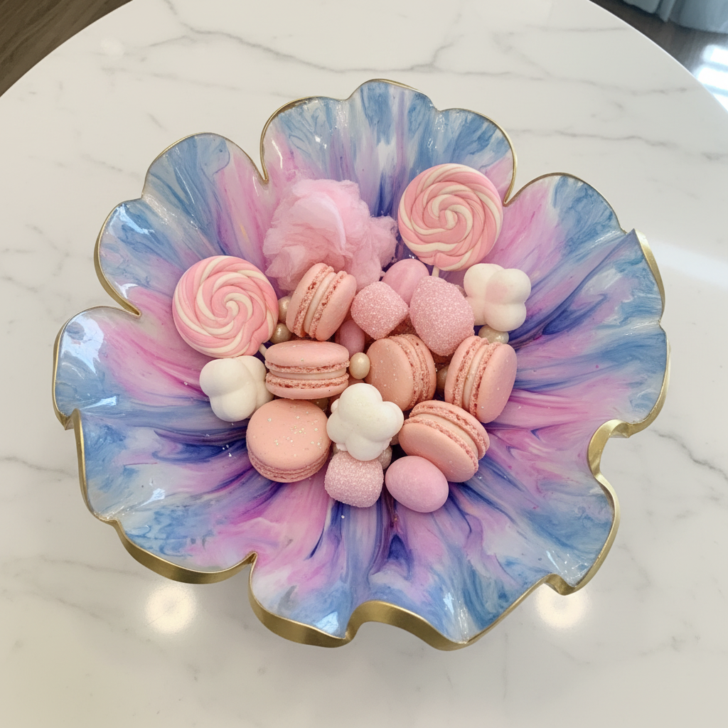 Cotton Candy Resin Bowl – Blue, Orchid & Gold Handmade Decor