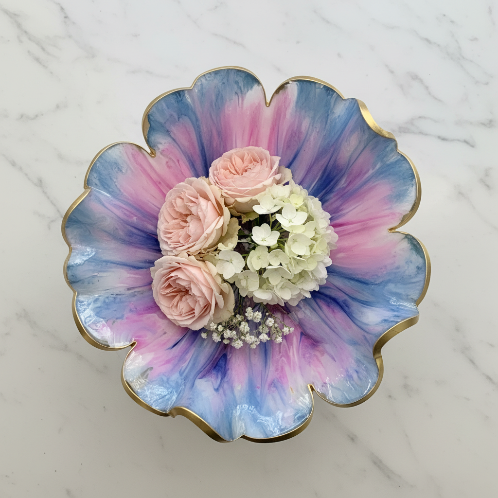 Cotton Candy Resin Bowl – Blue, Orchid & Gold Handmade Decor