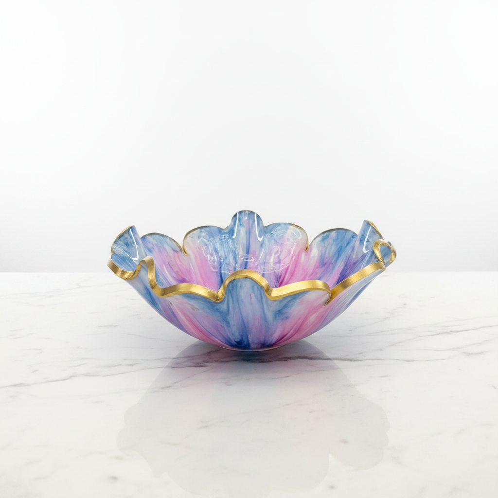 Cotton Candy Resin Bowl – Blue, Orchid & Gold Handmade Decor