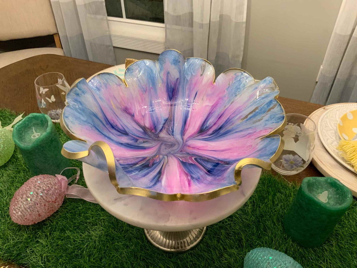 Cotton Candy Resin Bowl – Blue, Orchid & Gold Handmade Decor - The Glossy Gift Shop