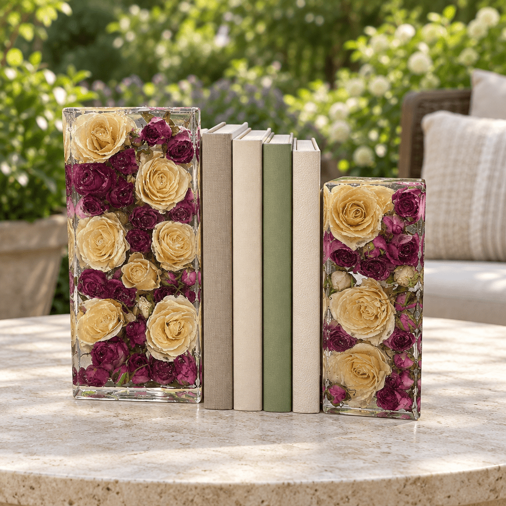 Cream & Purple Rose Resin Bookends – Handmade Floral Pair - The Glossy Gift Shop