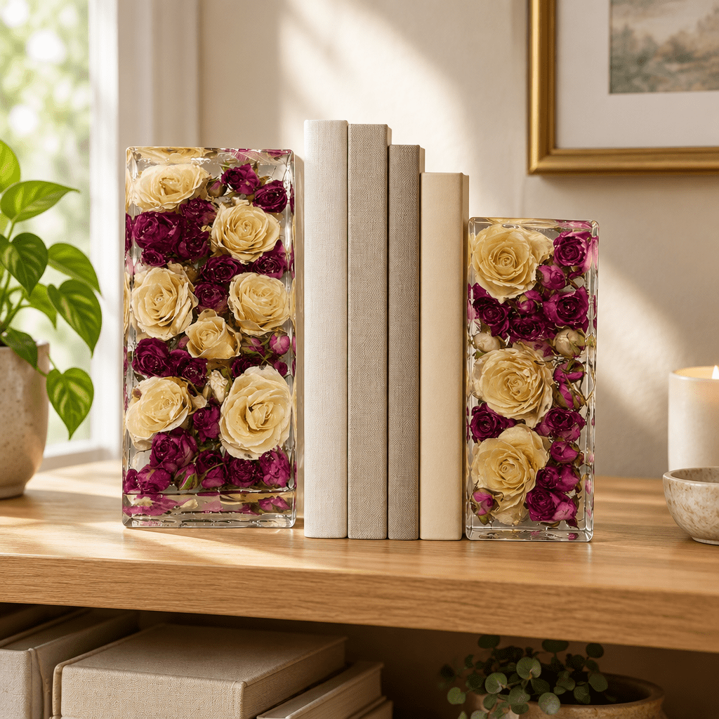Cream & Purple Rose Resin Bookends – Handmade Floral Pair - The Glossy Gift Shop