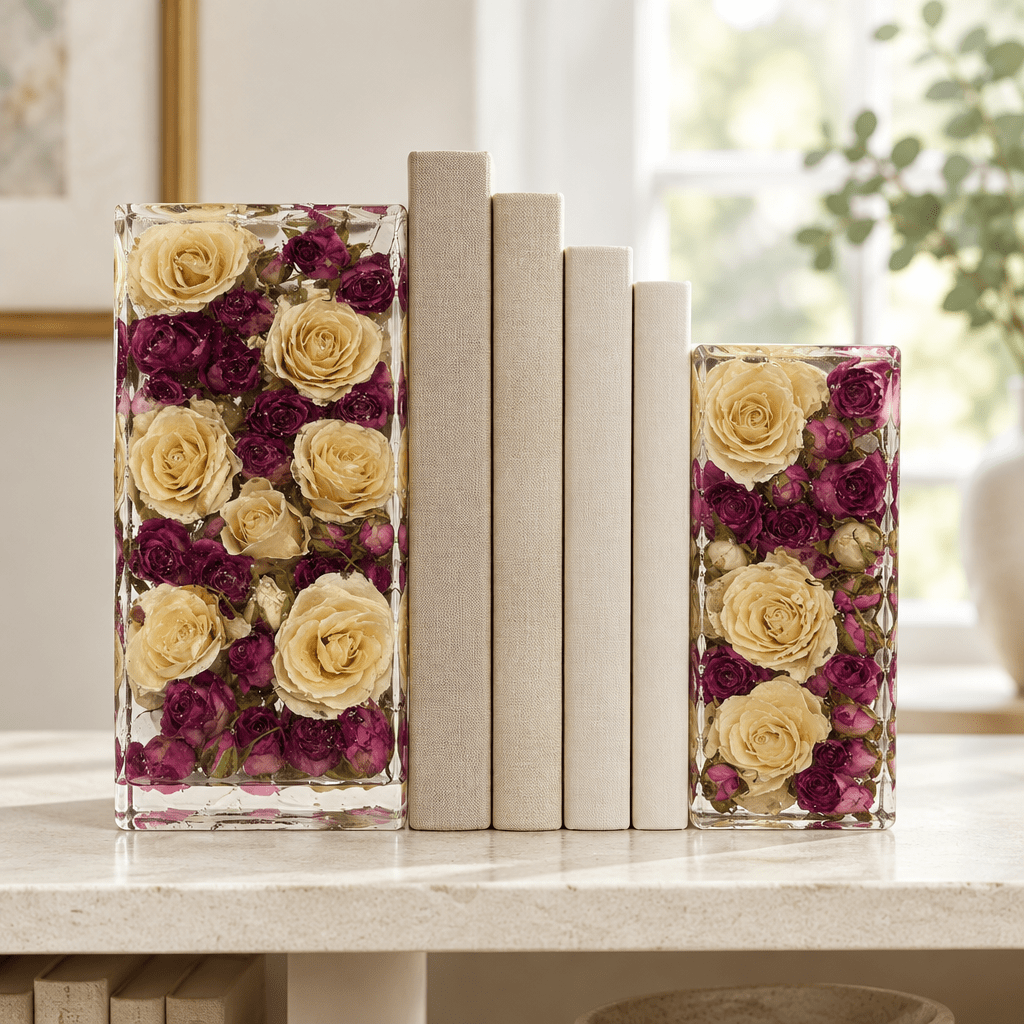 Cream & Purple Rose Resin Bookends – Handmade Floral Pair - The Glossy Gift Shop
