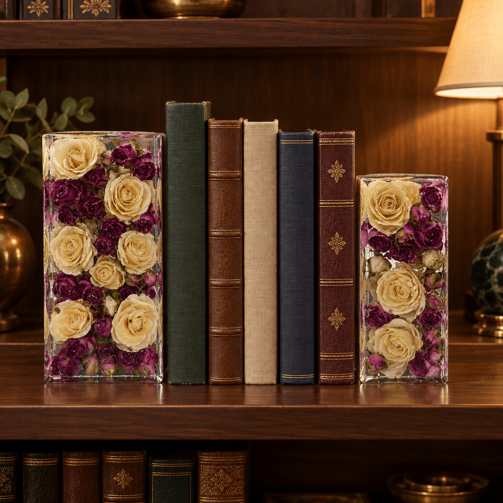 Cream & Purple Rose Resin Bookends – Handmade Floral Pair - The Glossy Gift Shop