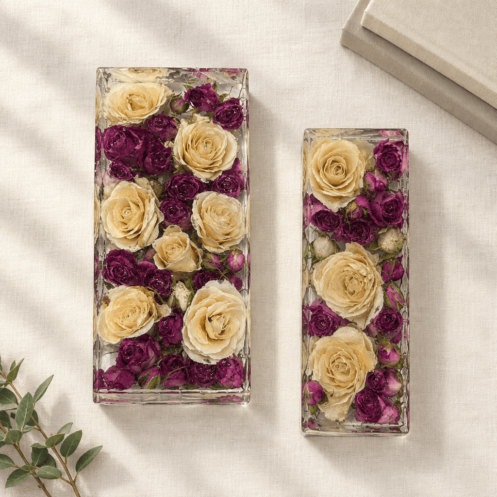 Cream & Purple Rose Resin Bookends – Handmade Floral Pair - The Glossy Gift Shop