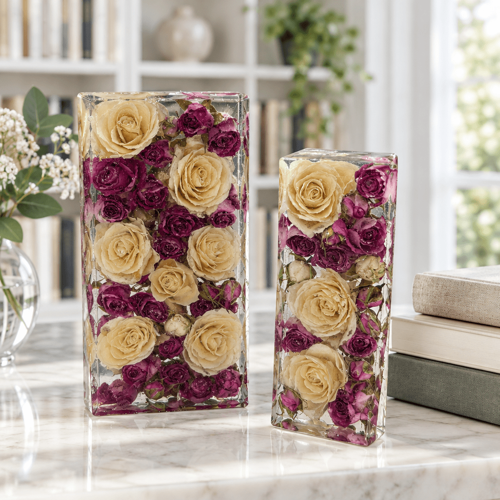 Cream & Purple Rose Resin Bookends – Handmade Floral Pair - The Glossy Gift Shop