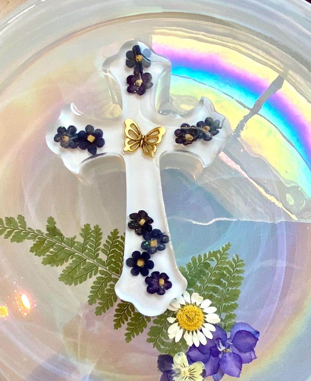 Epoxy Resin Cross with Flowers: Christening Gift
