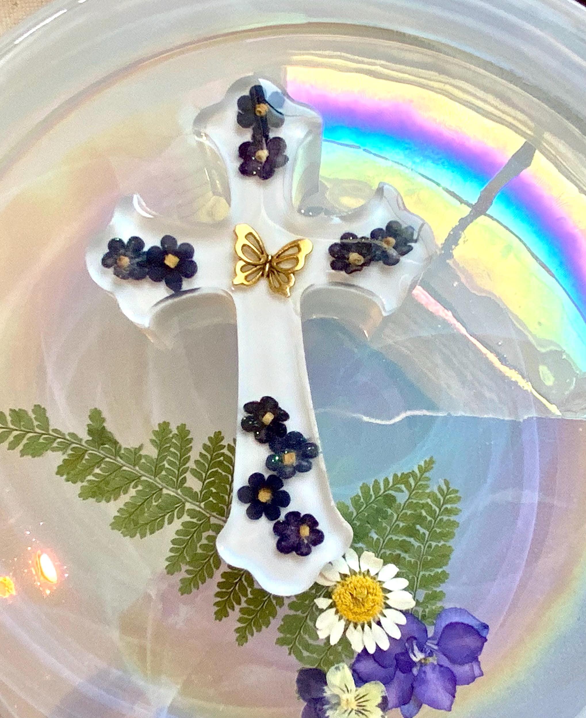 Epoxy Resin Cross with Flowers: Christening Gift