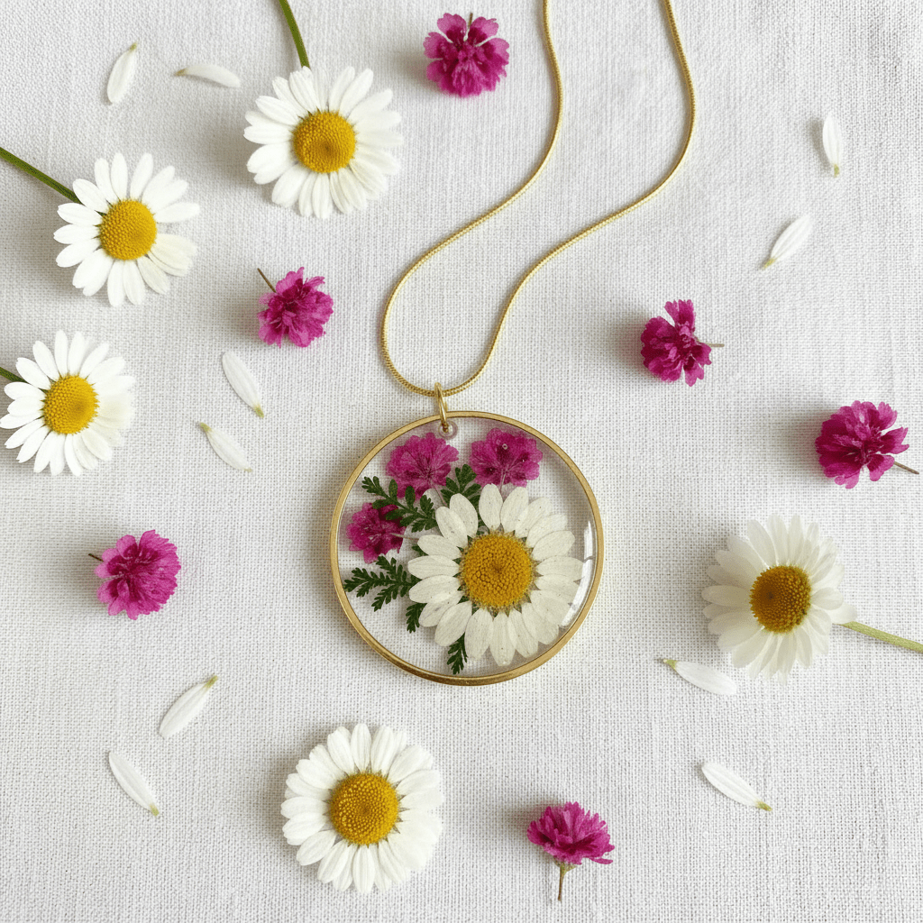 Daisy & Hot Pink Resin Pendant Necklace – Pressed Flower Jewelry - The Glossy Gift Shop