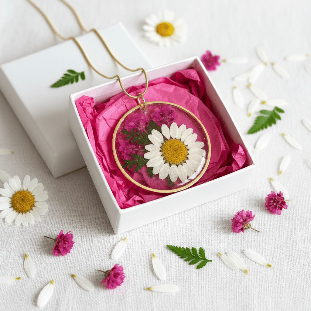 Daisy & Hot Pink Resin Pendant Necklace – Pressed Flower Jewelry - The Glossy Gift Shop