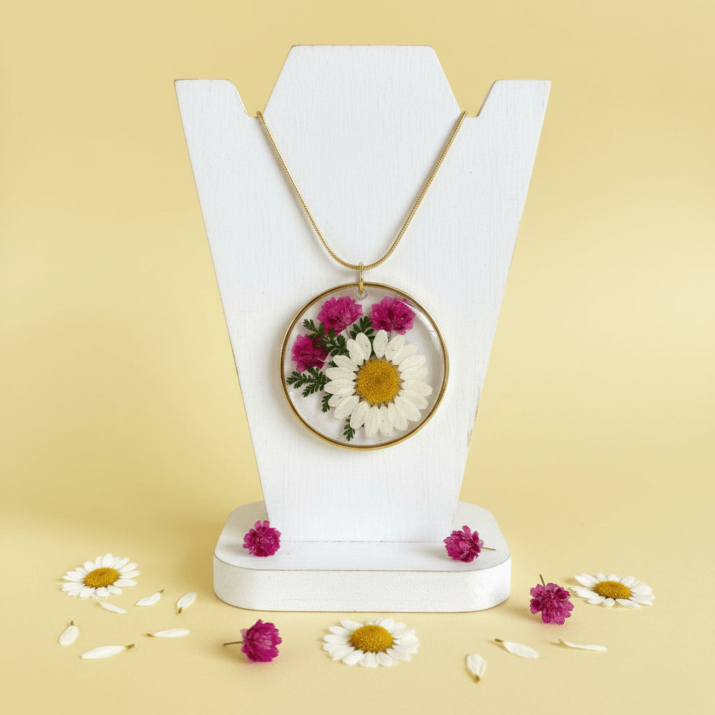 Daisy & Hot Pink Resin Pendant Necklace – Pressed Flower Jewelry - The Glossy Gift Shop