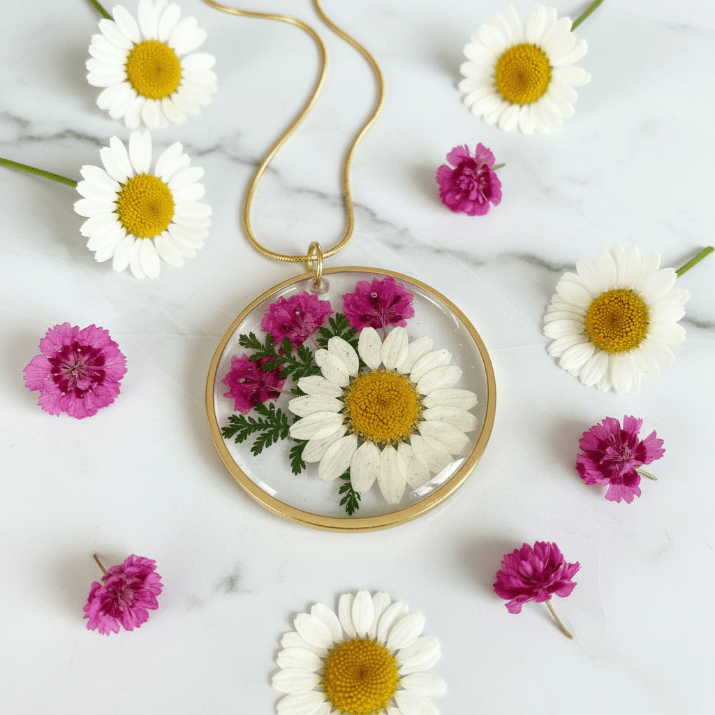 Daisy & Hot Pink Resin Pendant Necklace – Pressed Flower Jewelry - The Glossy Gift Shop