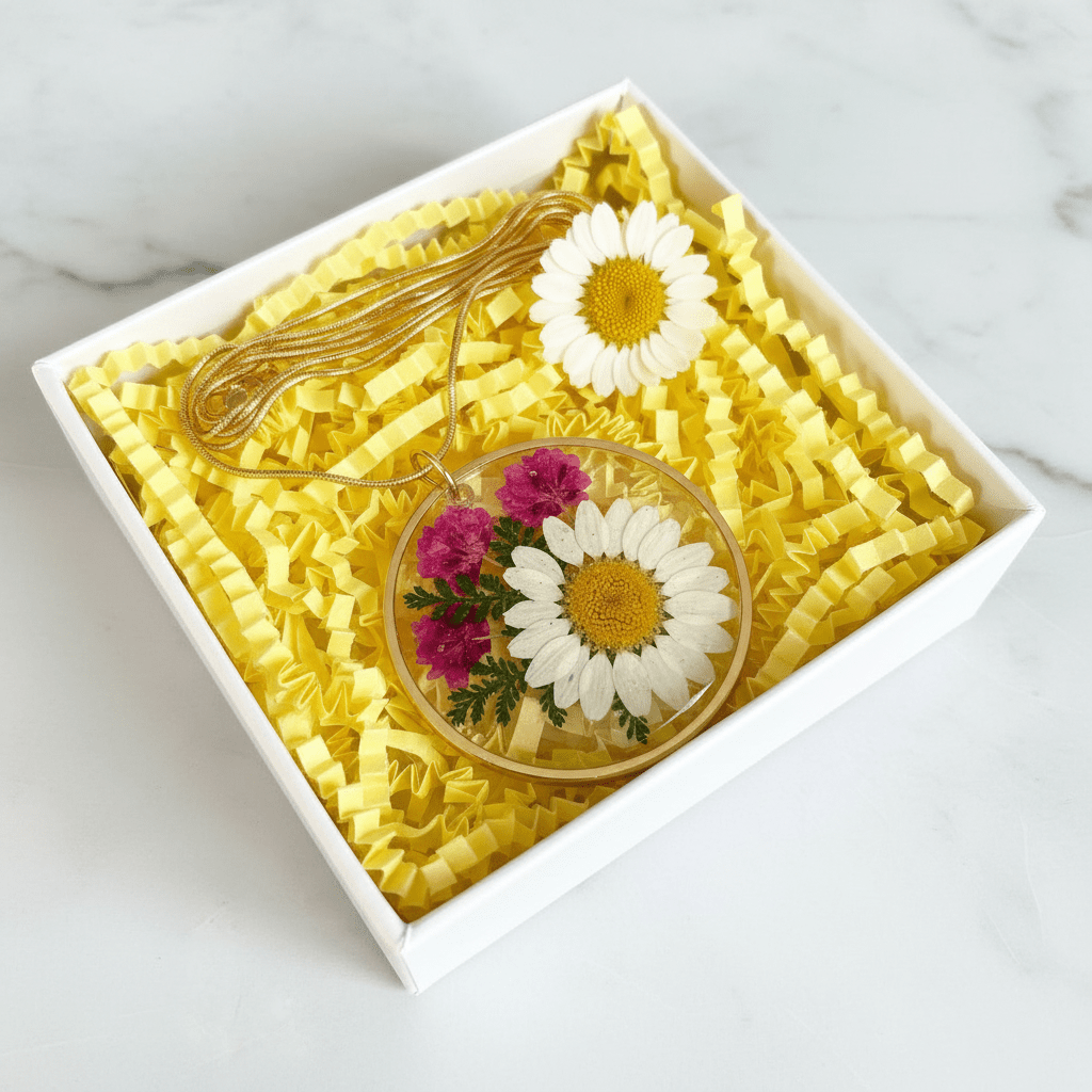 Daisy & Hot Pink Resin Pendant Necklace – Pressed Flower Jewelry - The Glossy Gift Shop