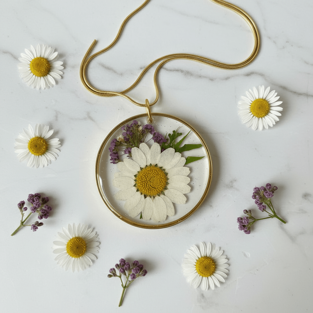 Daisy & Purple Flower Resin Pendant Necklace – Handmade Floral Jewelry - The Glossy Gift Shop
