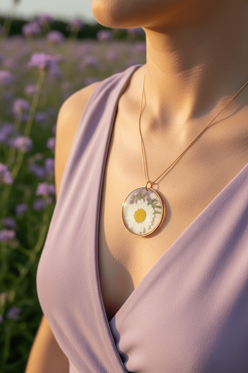 Daisy & Purple Flower Resin Pendant Necklace – Handmade Floral Jewelry - The Glossy Gift Shop