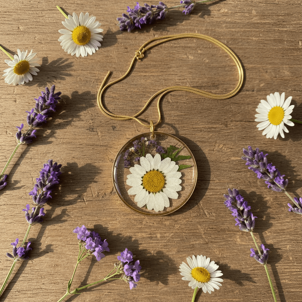 Daisy & Purple Flower Resin Pendant Necklace – Handmade Floral Jewelry - The Glossy Gift Shop