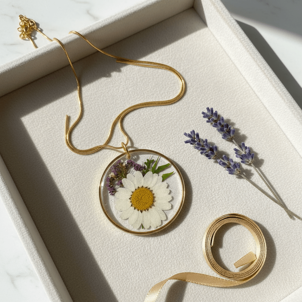 Daisy & Purple Flower Resin Pendant Necklace – Handmade Floral Jewelry - The Glossy Gift Shop