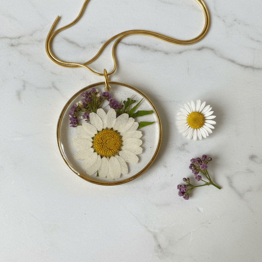 Daisy & Purple Flower Resin Pendant Necklace – Handmade Floral Jewelry - The Glossy Gift Shop