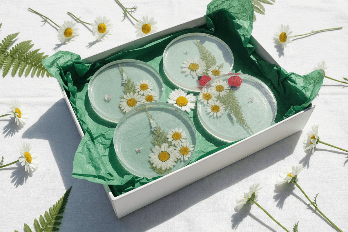 Daisy Resin Coasters – Handmade Set of 4 - The Glossy Gift Shop