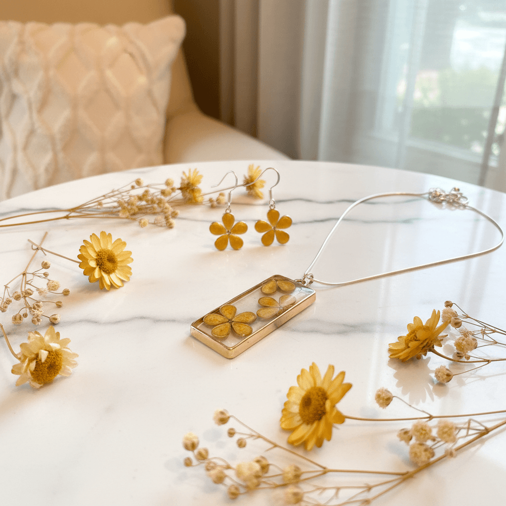 Daisy Resin Jewelry Set – Colorful Handmade Necklace & Earrings - The Glossy Gift Shop