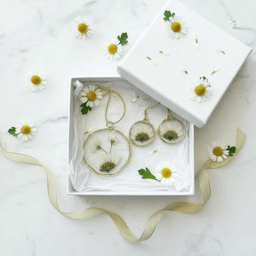 Daisy Resin Jewelry Set – Pressed Flower Necklace & Earrings - The Glossy Gift Shop