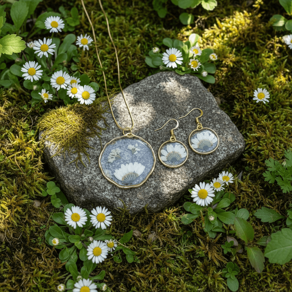 Daisy Resin Jewelry Set – Pressed Flower Necklace & Earrings - The Glossy Gift Shop