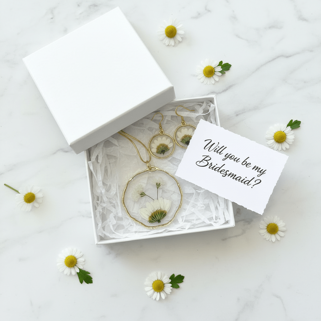 Daisy Resin Jewelry Set – Pressed Flower Necklace & Earrings - The Glossy Gift Shop